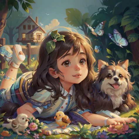 The painting shows a little girl lying on a blanket，There is a dog and a bird beside me, Lovely detailed artwork, author：Yang Borun, Cute numbers, Lovely portrait, Traditional Arts, Lovely detailed digital art, realistic Lovely girl painting, Lovely , Love...