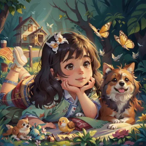 The painting shows a little girl lying on a blanket，There is a dog and a bird beside me, Lovely detailed artwork, author：Yang Borun, Cute numbers, Lovely portrait, Traditional Arts, Lovely detailed digital art, realistic Lovely girl painting, Lovely , Love...