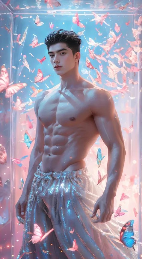 (8K, RAW photos, Highest quality) masterpiece, 1 boy, 18 years old, Asian muscular man Look at the viewer, standing, showing his big, muscular breasts, puffy nipples, sexy six pack, narrow waist, Handsome, Topless, Thick  body feathers, wearing soft sparkl...