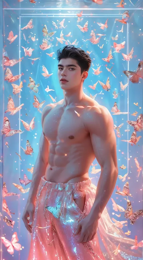 (8K, RAW photos, Highest quality) masterpiece, 1 boy, 18 years old, Asian muscular man Look at the viewer, standing, showing his big, muscular breasts, puffy nipples, sexy six pack, narrow waist, Handsome, Topless, Thick  body feathers, wearing soft sparkl...