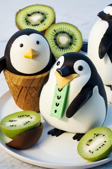 Create a penguin with a kiwi ice cream 