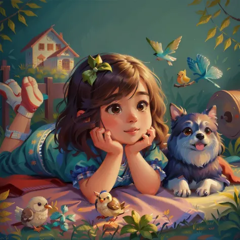 The painting shows a little girl lying on a blanket，There is a dog and a bird beside me, Lovely detailed artwork, author：Yang Borun, Cute numbers, Lovely portrait, Traditional Arts, Lovely detailed digital art, realistic Lovely girl painting, Lovely , Love...