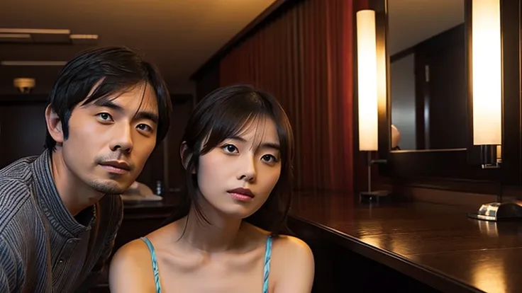 kikuchi takes a selfie of herself and a japanese man with long bangs, a luxury hotel room, dark room, room lighting