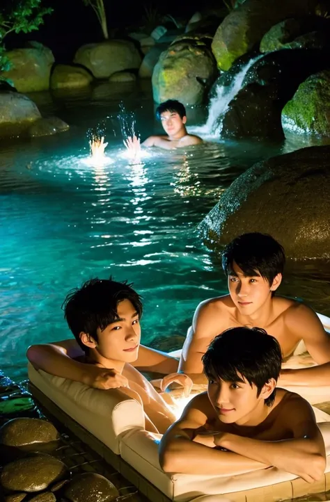 Beautiful boy、Handsome、18-year-old、Japan boys、Black Hair、night、hot spring、Thin、Cute Boys、sit、、In the water、