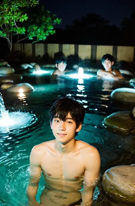 Beautiful boy、Handsome、18-year-old、Japan boys、Black Hair、night、hot spring、Thin、Cute Boys、sit、、In the water、