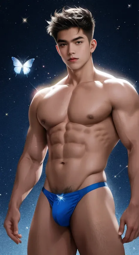 (8K, RAW photos, Highest quality) masterpiece, 1 boy, 18 years old, Asian muscular man Look at the viewer, standing, showing his big, muscular breasts, puffy nipples, sexy six pack, narrow waist, Handsome, Topless, Thick  body feathers, wearing soft sparkl...