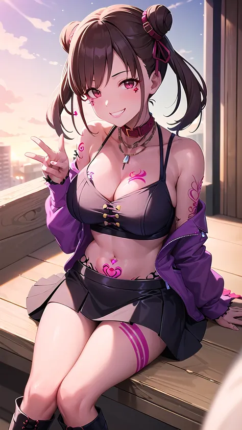 masterpiece, highest quality, High resolution, Chiyoko, Hair Bun、Double good, Twin tails, Hair Ribbon, collar, Chain Necklaces, Expose your shoulders, Cleavage, Off the shoulder, Pink jacket, Open jacket, abdomen, belt, Black Skirt, alley, Contact us, Talk...