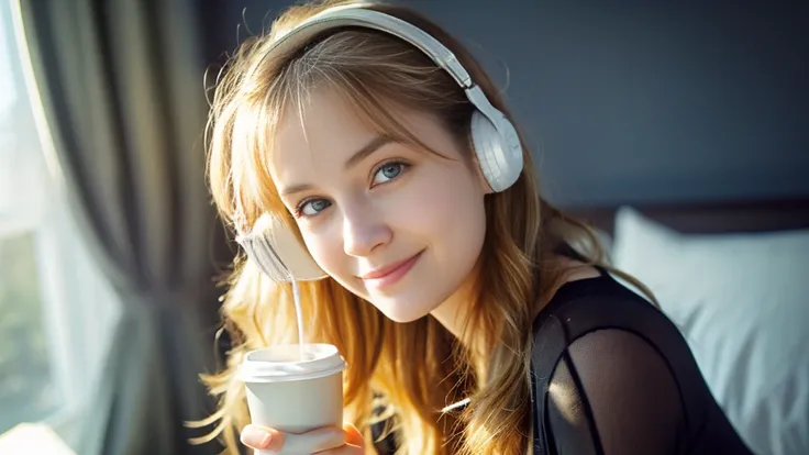 Beautiful blonde in a black dress (Sitting in bed with the morning sun shining in, holding a cup of coffee),Wearing headphones,Very detailed, 21 years old, Innocent face, Naturally Wavy Hair, blue eyes, High resolution, masterpiece, highest quality, Intric...