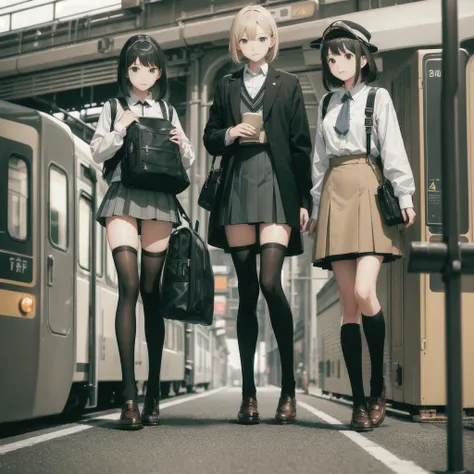 Man standing next to a train々Group of, photograph, Wearing a skirt and knee-high socks, school bag, Sexy Style,   Blur, Two Women,  photograph, Alliance, Atmospheric, Skirt lining, angle：Directly below