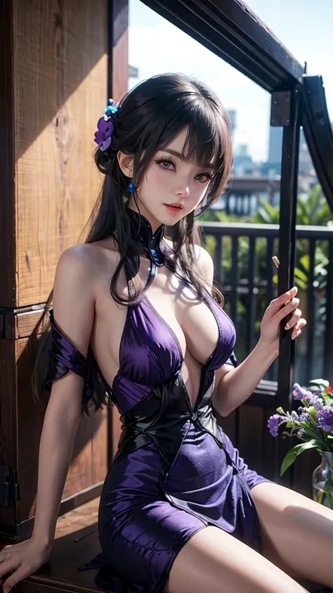 1girl, in the  transpired polythene dress with purple flowers, in the science lab, sitting on the glass bottle, seductive anime girl, purple eyes,   , sitting on the porch 