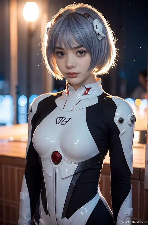 (best quality, masterpiece, colorful, dynamic angle, highest detailed)(Rei Ayanami), upper body photo, fashion photography of cute girl (Rei Ayanami), red eyes, dressing high detailed Evangelion white suit (high resolution textures), in dynamic pose, bokeh...