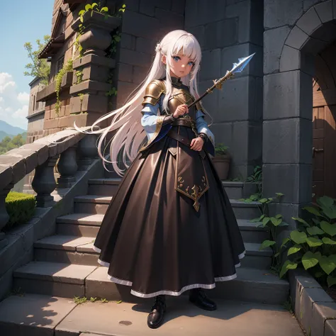 最high quality、high quality、10 years old、Girl Adventurer、Climb the labyrinth stairs、leather armor、Long skirt、Skirt lining、Translucent slip、Holding a spear in both hands、