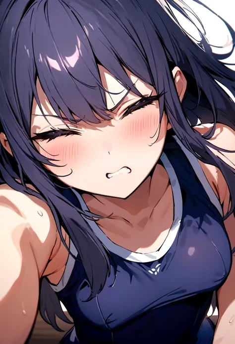 ((highest quality, masterpiece :1.3)), 16 year old Japanese beautiful girl、Navy blue school swimsuit、Angry expression、Close your eyes、Above the knee shot