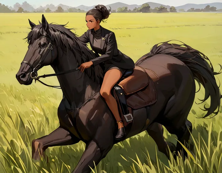 Big Brabant stallion in a grass field with large dark skinned  nude African woman rider