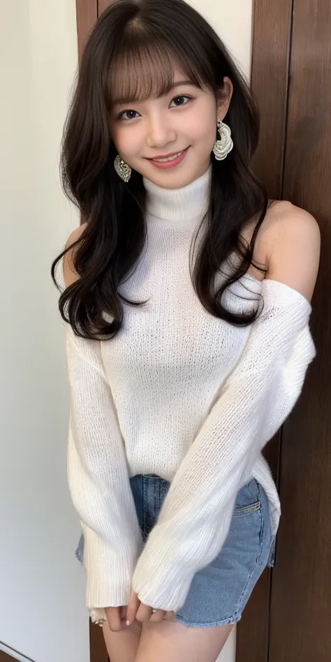 female, 20 years old, short black wavy hair、bangss、puffy nipple、(white turtleneck knit), cute smile face、((poses that emphasize ...