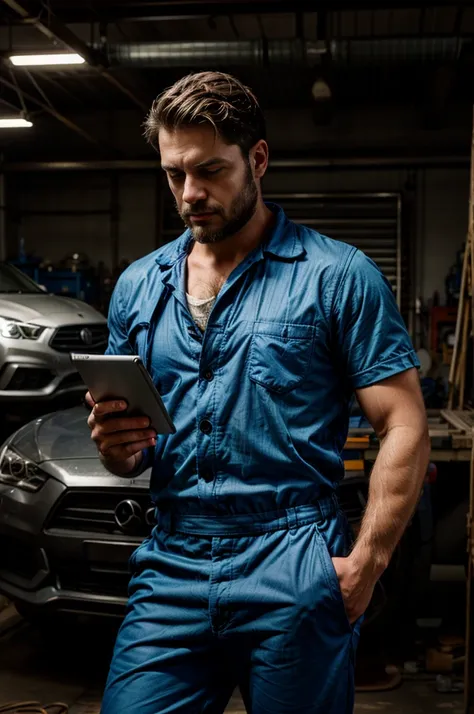 mechanic man, with a short beard in a workshop, next to a car, using a tablet, very realistic, very detail, blue overall.