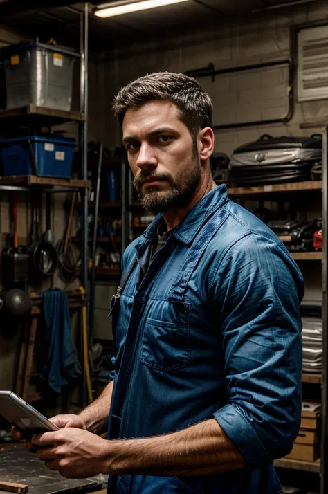 mechanic man, with a short beard in a workshop, next to a car, using a tablet, very realistic, very detail, blue overall.