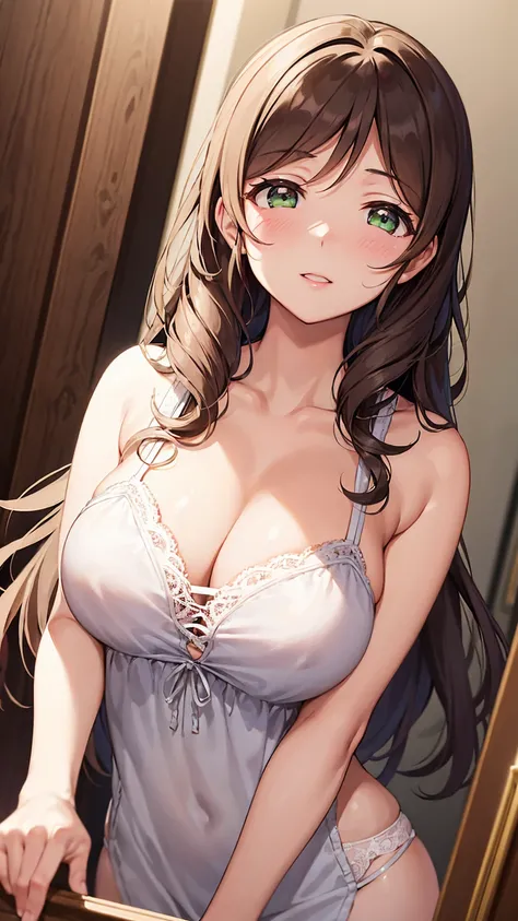 nozomitoujou, nozomi toujou, green eyes, brown hair, curly hair, large breasts, masterpiece, best quality, high resolution, beautiful detailed eyes, extremely detailed face, good lighting, detailed CG, messy hair, glossy lips, worried, nervous, changing ro...