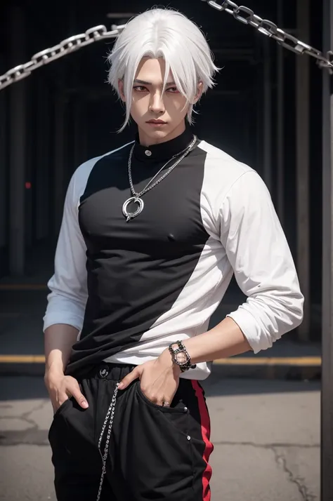 Create a character with white hair, brown skin, black shirt with chain, red eyes, and anime-style pants