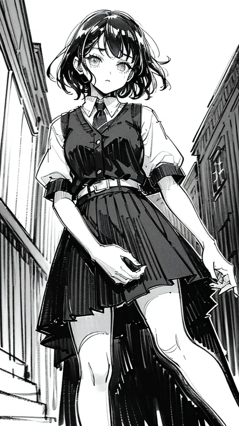 (Noir comic style illustration:1.2),(Black and White_High Contrast),One Girl,Line art,Monochrome,sketch,Pencil drawing,Traditional Media,One Girl,skirt,Short sleeve、Are standing, (Cute Teenage Girls, alone),Beautiful portrait、Delicate body、Respect、sketchブッ...