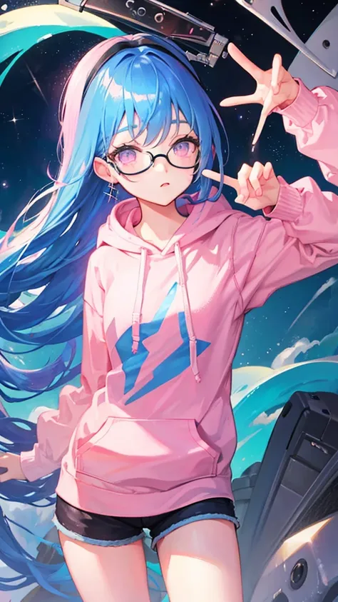 Blue Hair　Straight Hair　Long Hair　Pink Eyes　Glasses　Starry Sky　One girl　hoodie　Shorts