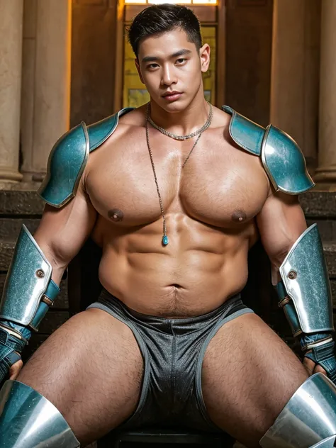 Realistic​ photography​ of a​ korean​​ sexy​ boy​, 19 ages​​​ , wearing​ a​ armor, thin​ necklace​, ((huge fat pecs))​​ ,​ tan​ skin, at​ holy​ old​s,sit cool