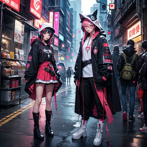 masterpiece、highest quality、Anime Magical Girl、cyber punk、Cute heart-shaped magic wand、Hooded cloak、Put the headset on your head、アイドルの服なのにcyber punk、White long boots、Pouch on waist、