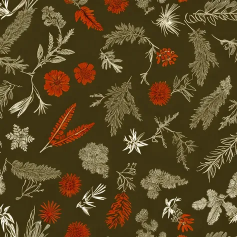 Create a print pattern background in earthy tones. A pattern with the following elements: Christmas flowers and pine branches.