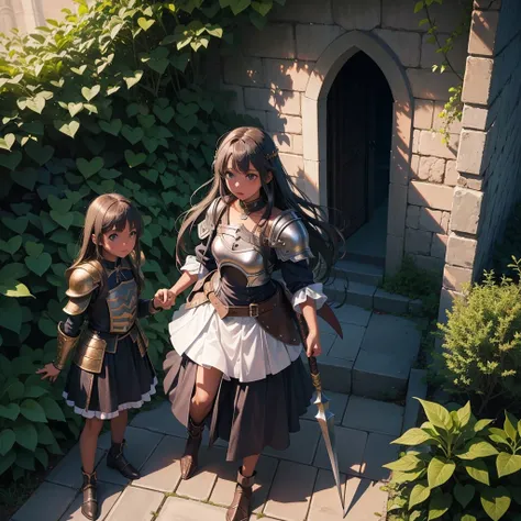 最high quality、high quality、10 years old、Girl Adventurer、Climb the labyrinth stairs、leather armor、Long skirt、Skirt lining、Translucent slip、Holding a spear in both hands、