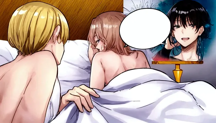 anime scene of a couple of people in bed with a mirror, colored manga panel, coloured manga scan, color manga panel, close angle, close shot, in the bedroom at a sleepover, rule 34, very close shot, closeup shot, colored manga, full color manga visual styl...