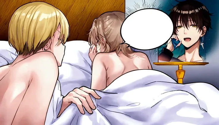 anime scene of a couple of people in bed with a mirror, colored manga panel, coloured manga scan, color manga panel, close angle, close shot, in the bedroom at a sleepover, rule 34, very close shot, closeup shot, colored manga, full color manga visual styl...