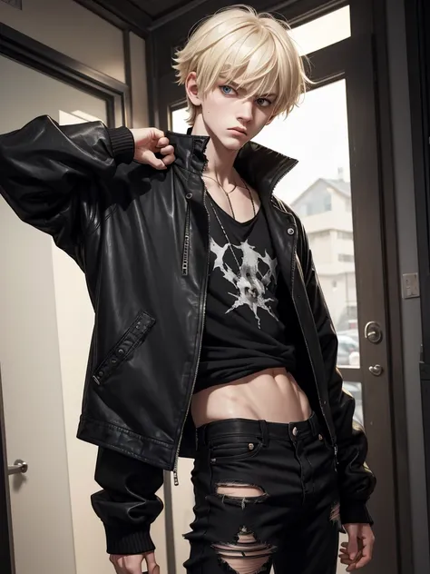 (best quality), 1boy, male, pale skin, blonde roots, black hair, short hair, messy hair, messy bangs, bangs over eyes, black eyes, bags under eyes, skinny body, , scowl, goth boy, oversized jacket, ripped jeans, childish, masterpiece, anatomically correct,...