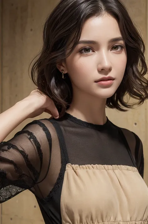 (masterpiece:1.3), (8k, Realistic, RAW Photos, highest quality: 1.4), (One Girl), Beautiful Face, (Realistic Face), (Black Hair, Short hair with loose waves:1.3), Beautiful Hairstyles, Realistic eyes, Beautiful details, (Realistic Skin,Landscape,Look away,...