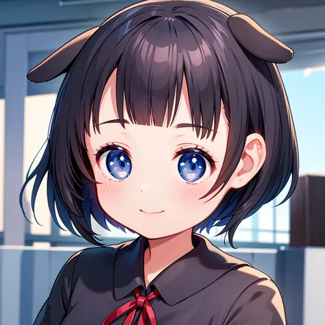 Short black hair Adult female　Dog Ears　Dark blue colored eyes　A student wearing a navy blue sailor uniform with a red ribbon　In the city　Smiling Face Close-up