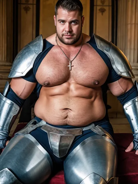 Realistic​ photography​ of a​​​ sexy​ boy​, 19 ages​​​ , wearing​ a​ armor, thin​ necklace​, ((huge fat pecs))​​ ,​ tan​ skin, at​ holy​ old​s,sit cool