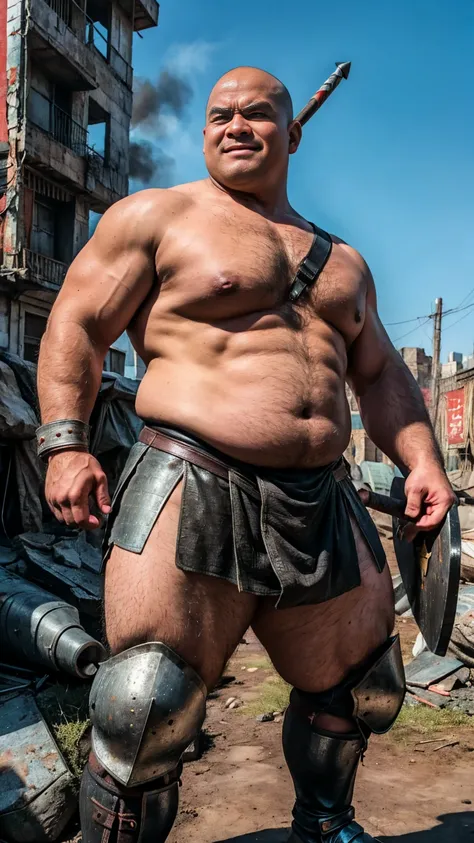 looking at us, Staring Intently, face focus, Bandit, Fat ferocious barbarian:2, This barbarian is a robust stocky Japanese, smirking, lets out a yell, mid combat, intense battle scene, leather and iron armor, armored short skirt, holding a Viking War Axes,...