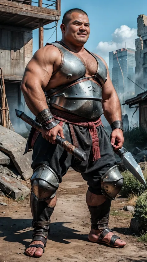 looking at us, Staring Intently, face focus, Bandit, Fat ferocious barbarian:2, This barbarian is a robust stocky Japanese, smirking, lets out a yell, mid combat, intense battle scene, leather and iron armor, armored short skirt, holding a Viking War Axes,...