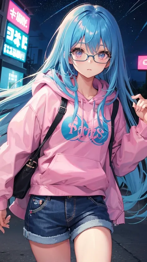 Blue Hair　Straight Hair　Long Hair　Pink Eyes　Glasses　Starry Sky　One girl　hoodie　Shorts