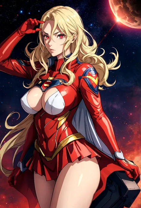 nijistyle, Cowboy shot of beautiful woman in Superman costume, Long Blonde Hair, Heroic, Glowing red eyes, laser eyes, Cape, Particle, skyporn, Red skirt, Red boots, Sexy Pose, large udder, nigh sky, Countless stars, Raise one hand, flying pose,
INFO
