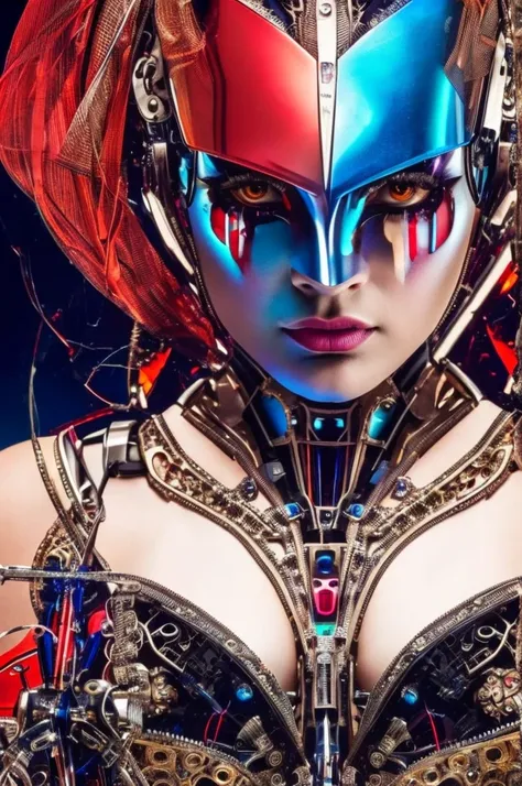 This is an artistic digital illustration portraying the bust of a female figure with cybernetic enhancements and an elaborate mechanical headdress. The figures facial expression is passive yet intense, with striking red eyes and blue makeup accentuating he...