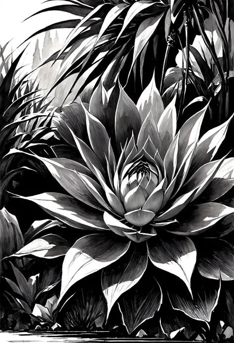 Black and white abstract watercolor landscape, Ink Painting, Agave, Echeveria、Visible handwriting, Very detailed, masterpiece, Realistic, 8k, highest quality, Intricate details, Dramatic lighting, Gloomy atmosphere, Minimalist, Bold Texture, monochromatic,...