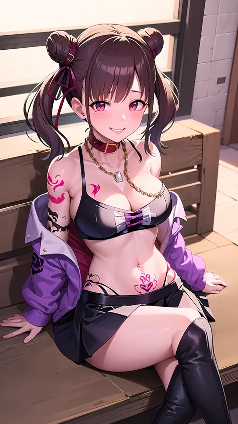 masterpiece, highest quality, High resolution, Chiyoko, Hair Bun、Double good, Twin tails, Hair Ribbon, collar, Chain Necklaces, Expose your shoulders, Cleavage, Off the shoulder, Pink jacket, Open jacket, abdomen, belt, Black Skirt, alley, Contact us, Talk...