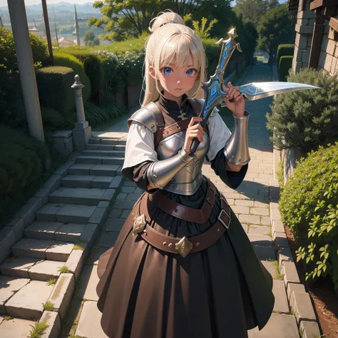 最high quality、high quality、10 years old、Girl Adventurer、Climb the labyrinth stairs、leather armor、Long skirt、Equipped with a dagger and a shield、