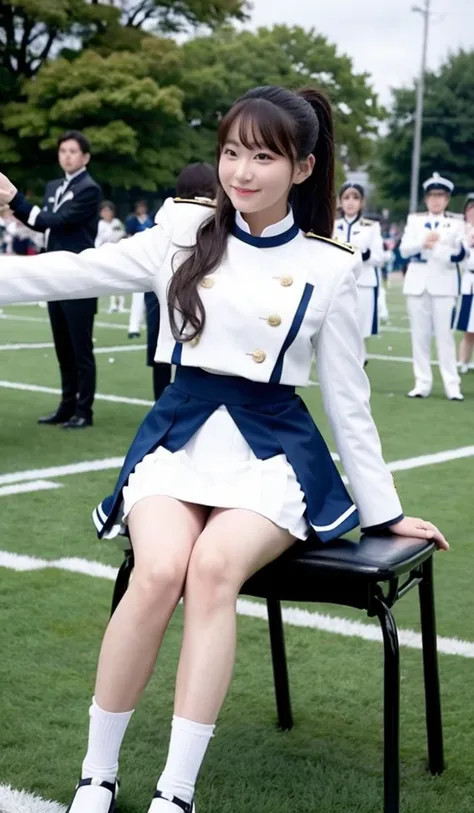 highest quality、8k quality、middle aged man sitting on chair、male and female tutors、elegant marching band uniforms、11 year old ja...