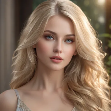 a blond woman, long flowing hair, serene expression, elegant pose, beautiful detailed eyes, beautiful detailed lips, ultra-detailed, (best quality,4k,8k,highres,masterpiece:1.2),ultra-detailed,(realistic,photorealistic,photo-realistic:1.37),dramatic lighti...