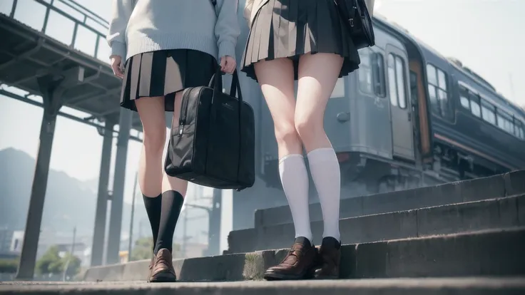 Man standing next to a train々Group of, photograph, Wearing a skirt and knee-high socks, school bag, Sexy Style,   Blur, Two Women,  photograph, Atmospheric, Skirt lining, angle：Directly below, It is suitable for substitution