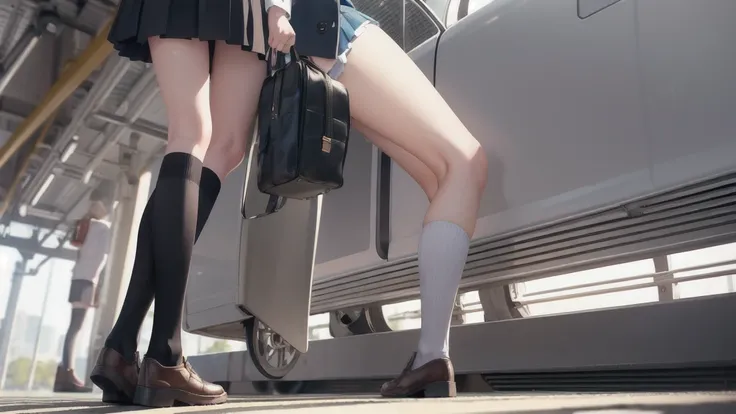 Man standing next to a train々Group of, photograph, Wearing a skirt and knee-high socks, school bag, Sexy Style,   Blur, Two Women,  photograph, Atmospheric, Skirt lining, angle：Directly below, It is suitable for substitution