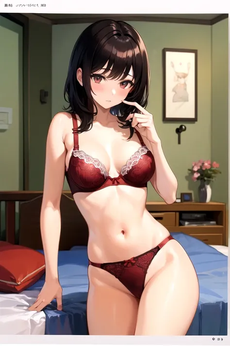 nsfw,((highest quality)), ((masterpiece)), (detailed), One girl, Medium Hair,Red Bra, String Panties,Bedroom at home,(Removing the bra hook)