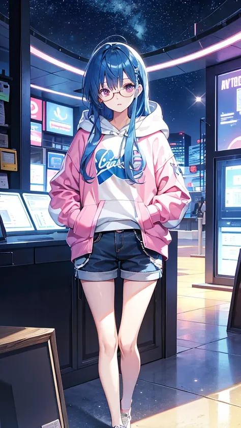 Blue Hair　Straight Hair　Long Hair　Pink Eyes　Glasses　Starry Sky　One girl　hoodie　Shorts