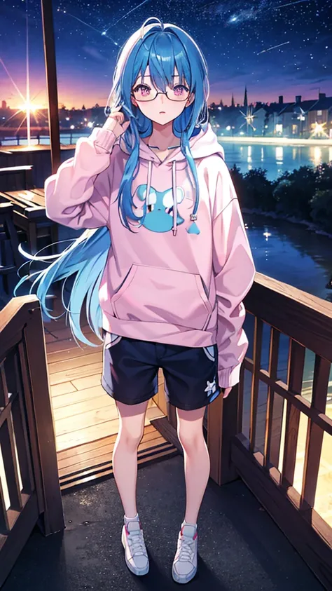 Blue Hair　Straight Hair　Long Hair　Pink Eyes　Glasses　Starry Sky　One girl　hoodie　Shorts